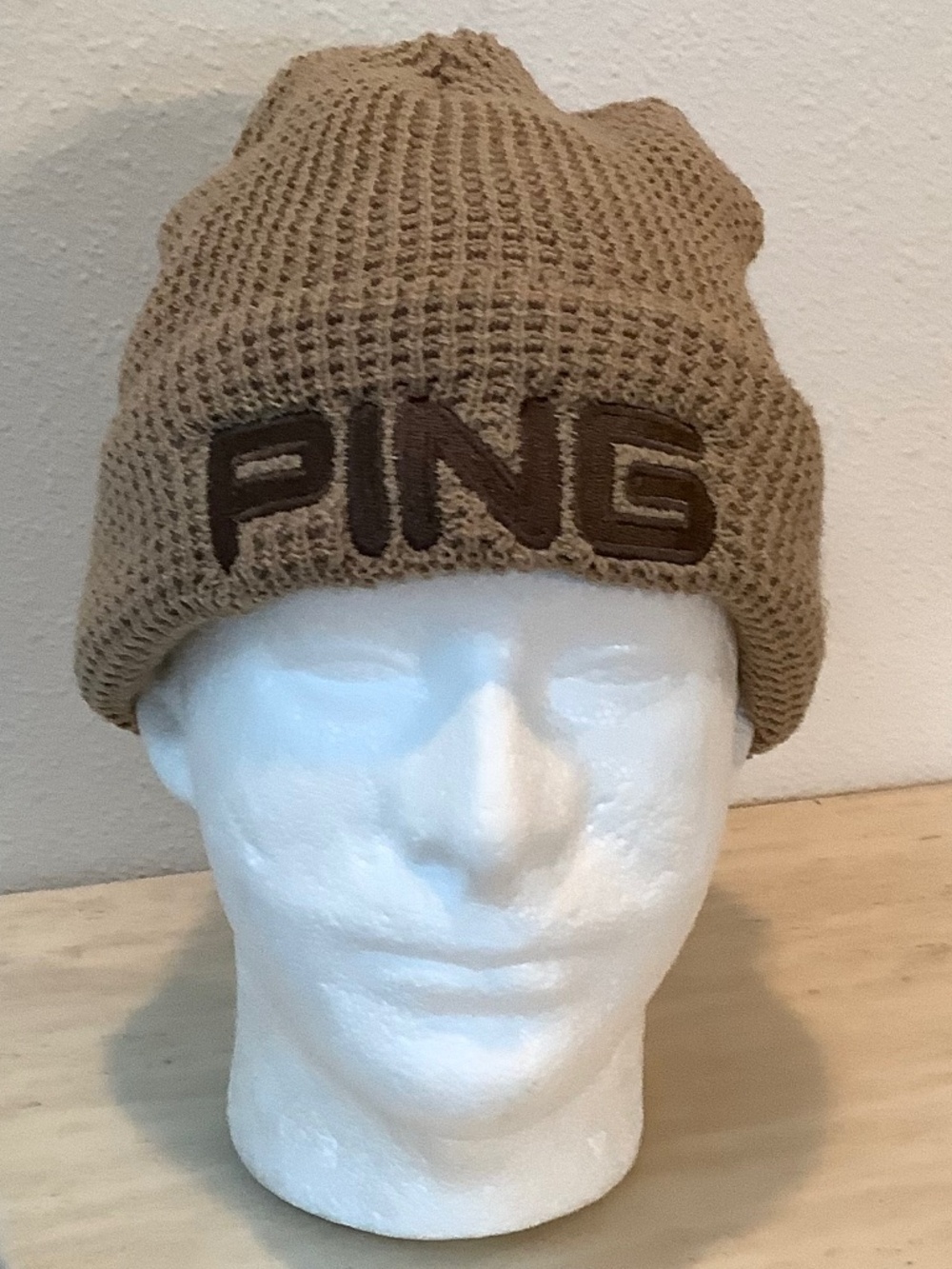 PING Tan Waffle-Knit Beanie with Brown Embroidered Logo